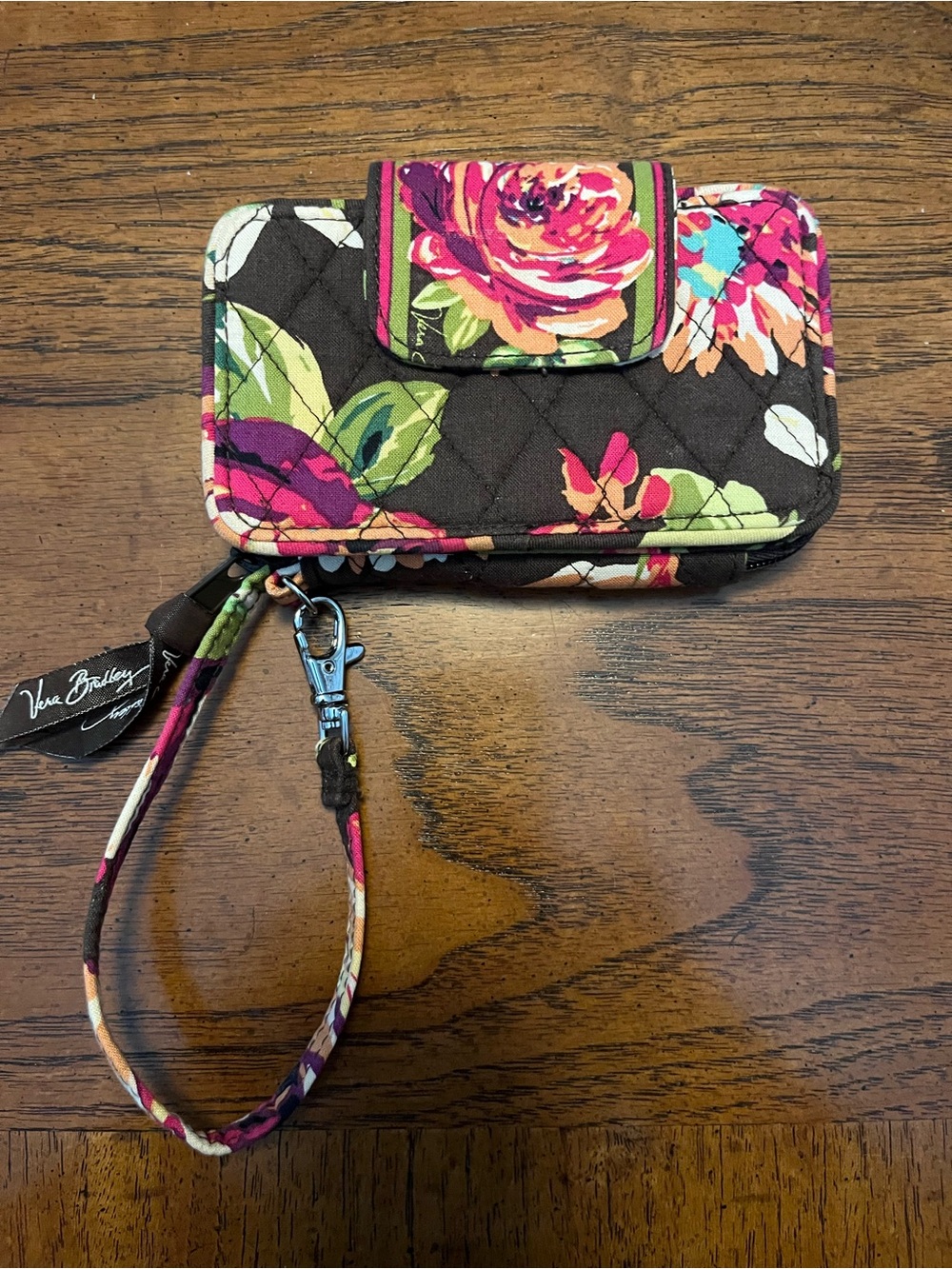 Vera Bradley Black Floral Quilted Wristlet with Pink & Green Accents
